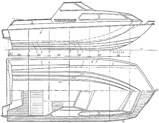 Sketch of the theoretical drawing and general view of the motor boat