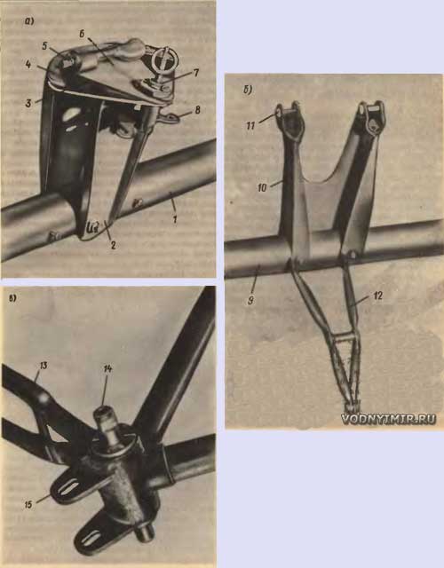 Измененные узлы рамы велосипеда: а — передняя опора; б — задняя опора с Л-образной шарнирной тягой; в — проушина крепления колонки привода к велораме.