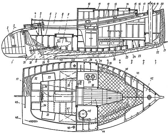 Общее расположение яхты и элементы конструкции корпуса