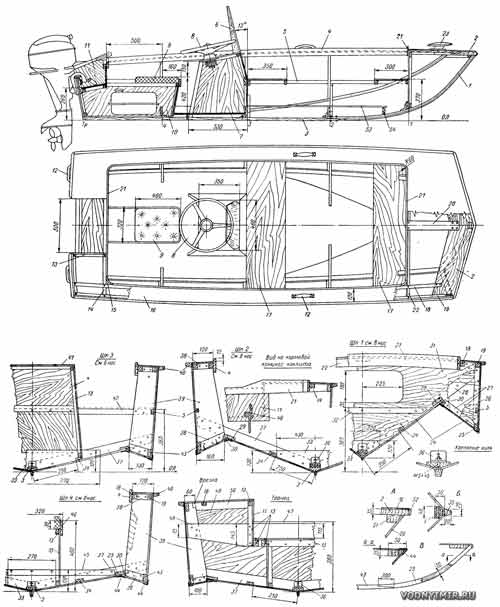 Конструктивные чертежи лодки — продольный разрез, план и сечения по шпангоутам