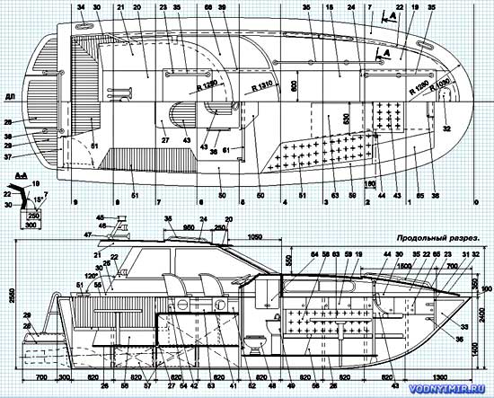 Общее расположение и конструкция катера «Норд-вест 82». Вид сверху и план со снятой рубкой и надстройкой и продольный разрез