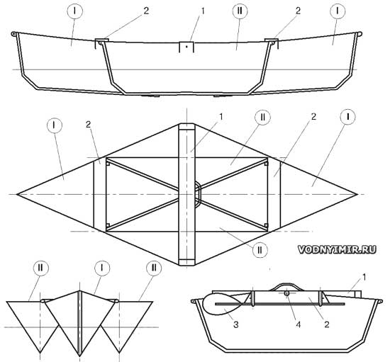 Схема общего вида складной четырехсекционной лодки в сборе
