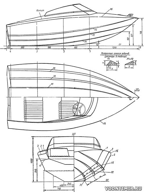 Theoretical drawing and general layout of the «Rainbow-34» motorboat