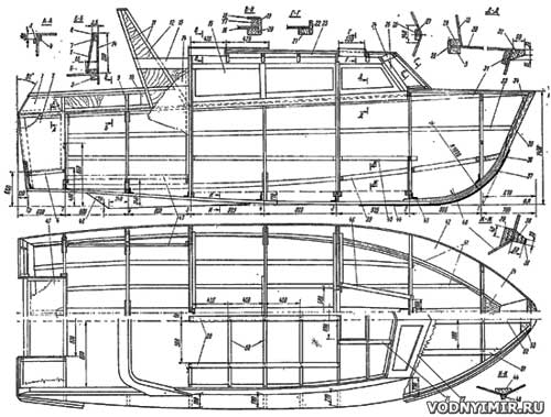 Конструктивные чертежи корпуса катера «Морж». Продольный разрез и планы
