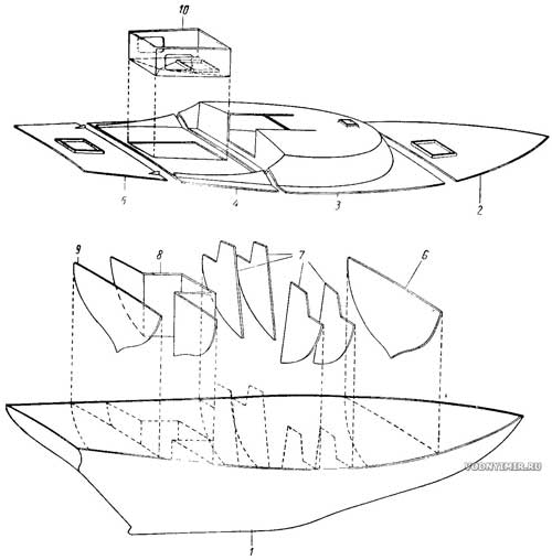 Diagram of the yacht hull splitting into sections