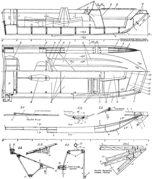 Конструктивный чертеж корпуса многоцелевого катера-тримарана