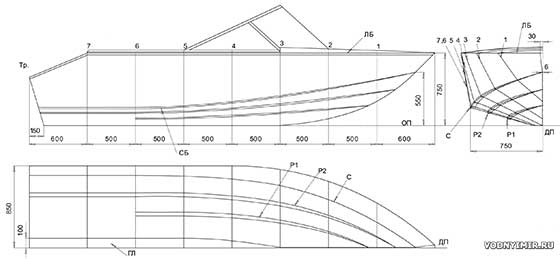 Теоретический чертеж корпуса моторной лодки «Север 420»
