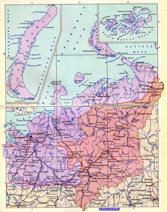 Карта Архангельской области, Ненецкого округа, Коми