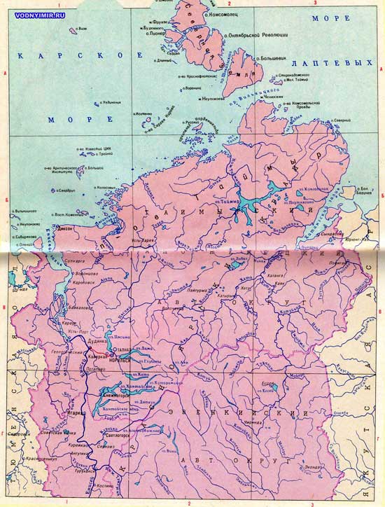 Карта Красноярского края (север), Таймырского (Долгано-Ненецкого) и Эвенкийского (север) автономных округов — скачать карту