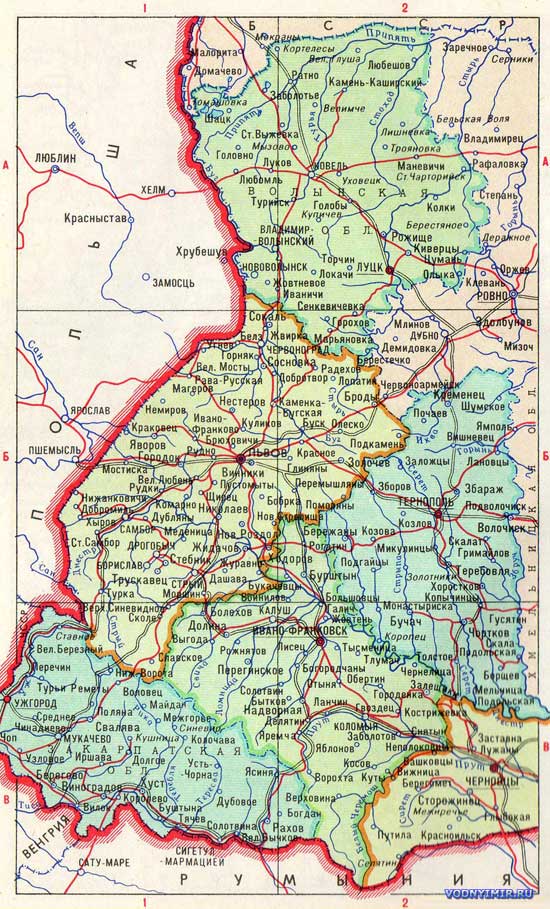 Карта Волынской, Львовской, Тернопольской, Закарпатской, Ивано-Франковской, Черновицкой (запад) области — скачать карту