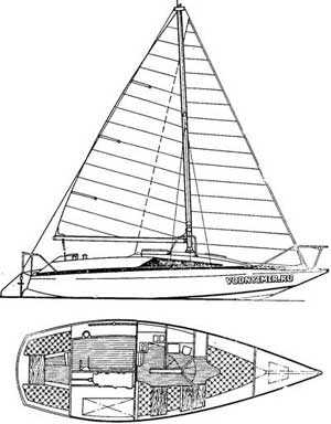 Side view and layout of the motor sailboat «V-5»